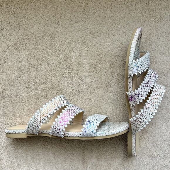 Nayla Clara Rainbow Fish Scales Slide Flat Sandals Women 7 Zig Zag Wide Straps - Picture 1 of 15